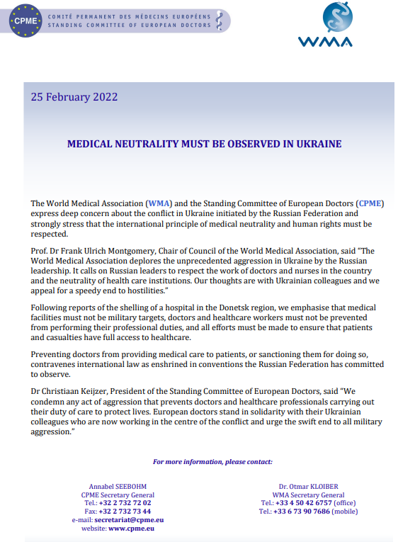 Medical neutrality must be observed in Ukraine symbol image