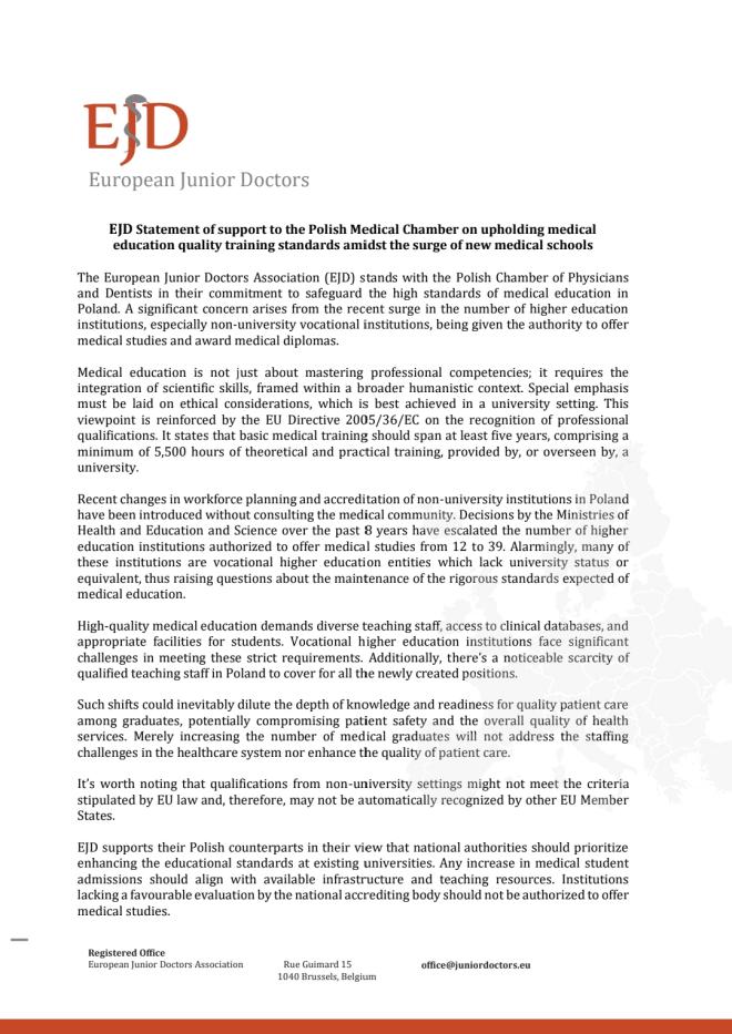 EJD Statement of support to the Polish Medical Chamber on upholding medical education quality training standards amidst the surge of new medical schools symbol image