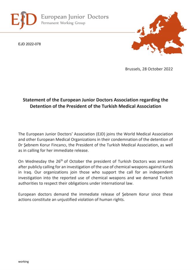 Statement of the European Junior Doctors Association regarding the  Detention of the President of the Turkish Medical Association symbol image
