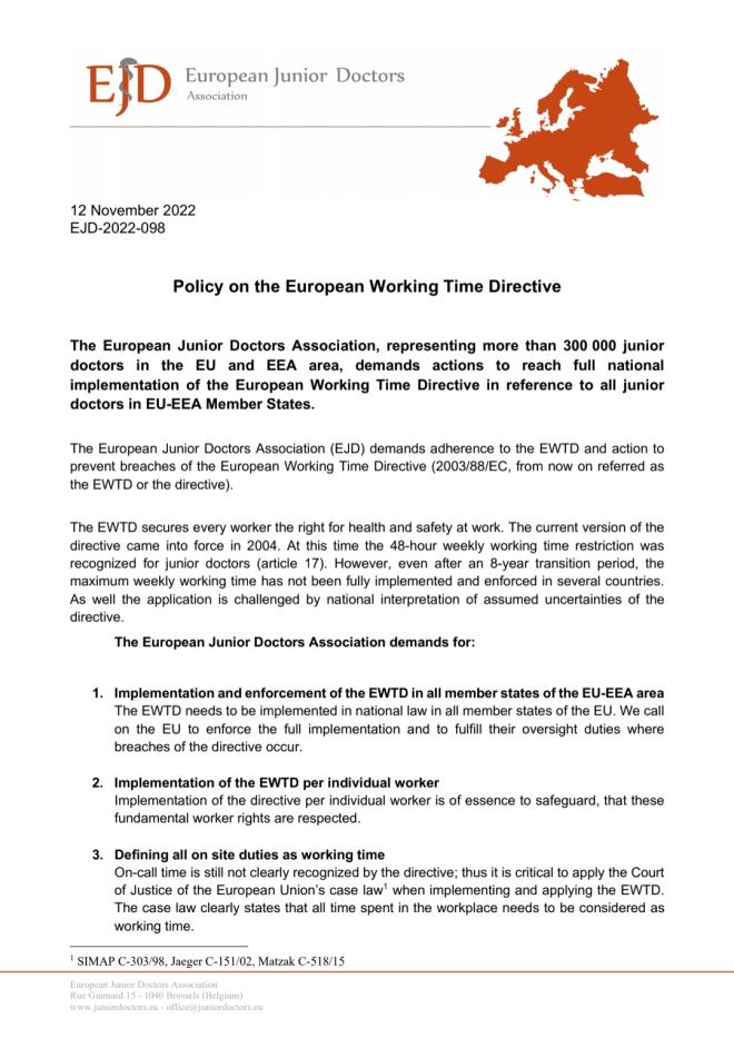 EJD Policy on the European Working Time Directive (EWTD) symbol image