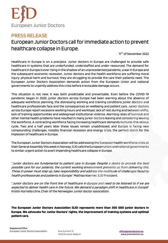 PRESS RELEASE: European Junior Doctors call for immediate action to prevent healthcare collapse in Europe symbol image