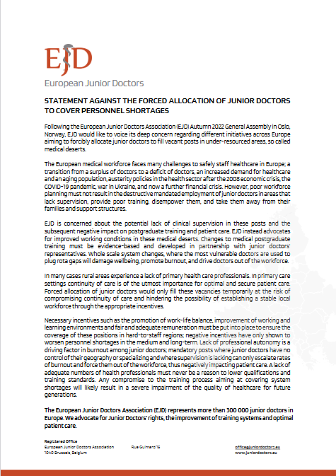 EJD Statement against the forced allocation of junior doctors to cover personnel shortages symbol image