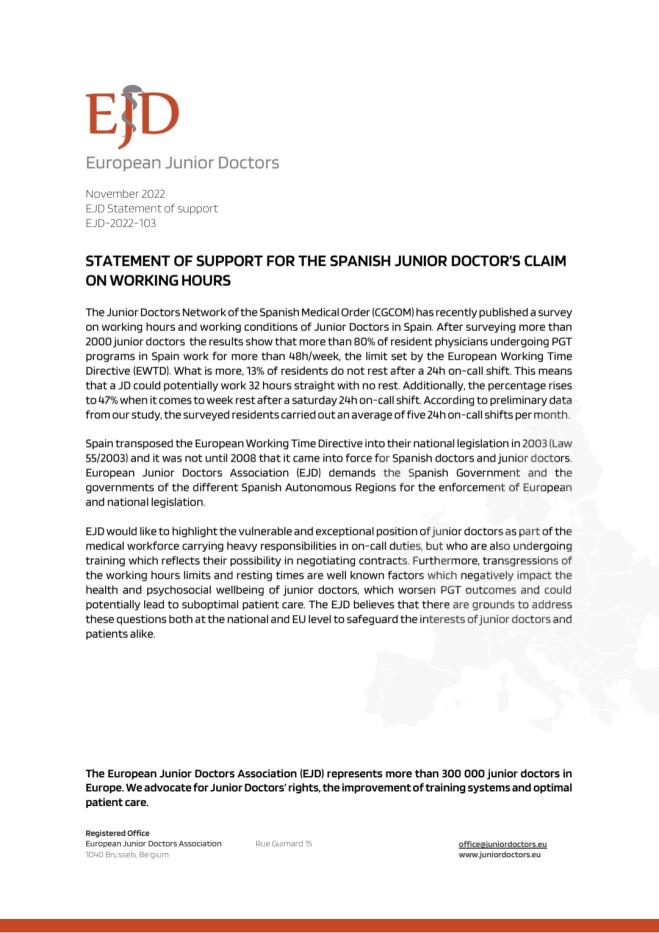 Statement of support for the Spanish junior doctors' claim on working hours symbol image