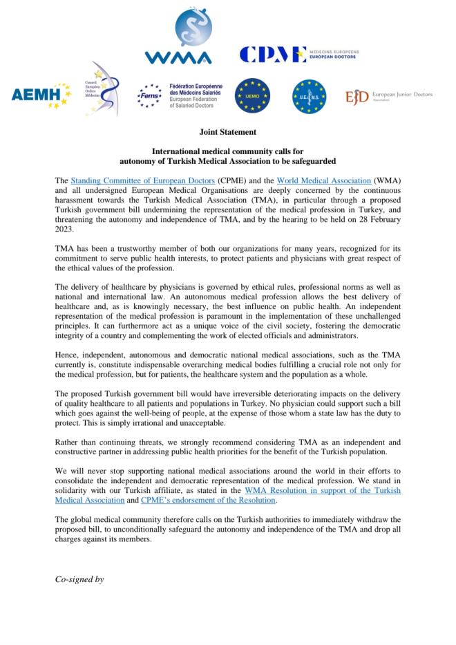 Joint statement: International medical community calls for autonomy of the Turkish Medical Association to be safeguarded symbol image
