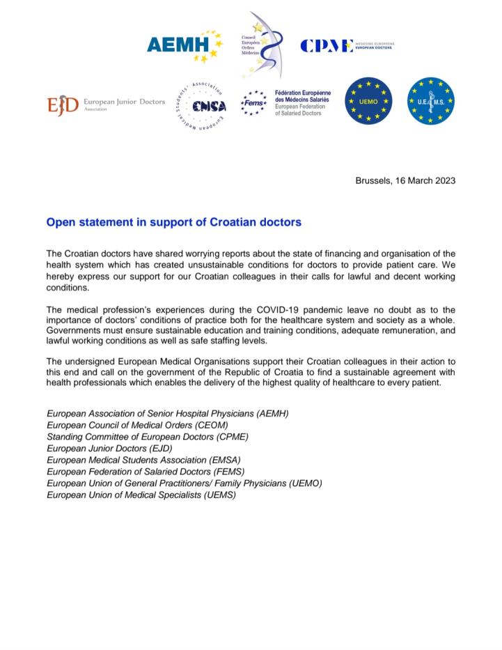 European Medical Organisations: Open statement in support of Croatian doctors symbol image