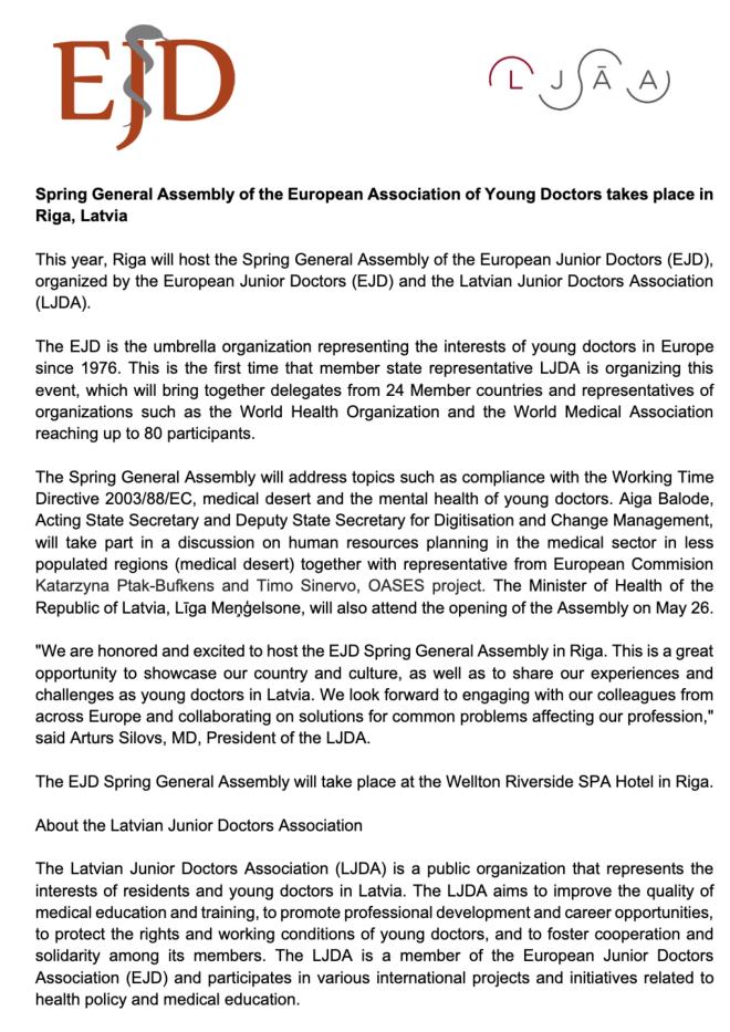 PRESS RELEASE: Spring General Assembly of the European Association of Young Doctors takes place in Riga, Latvia symbol image