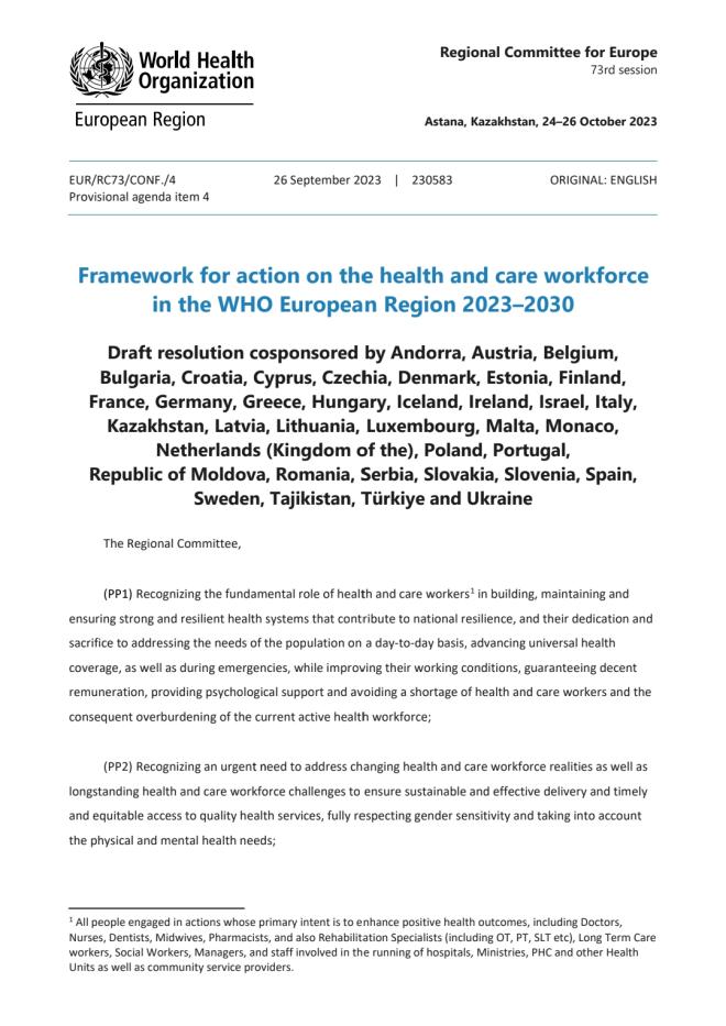 Resolution: Framework for Action on the Health and Care Workforce in the WHO European Region 2023–2030 symbol image